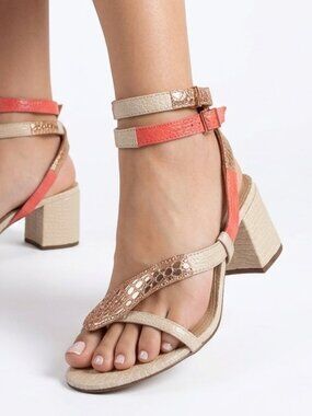 Schutz Cleo Snake Block Heel Sandals Metallic Gold Pink Ivory 10